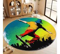 Alfombra de salón 80 cm, Alfombra Redonda Estampada Ciudad Moderno Deportes Monopatín Lavable Antideslizante - Tapete de área Suaves para Sala de Estar o Dormitorio (Amarillo Verdoso)