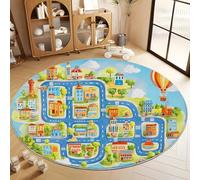 Alfombra de salón 80 cm, Alfombra Redonda Estampada Dibujos Animados Moderno Ciudad Mapa Lavable Antideslizante - Tapete de área Suaves para Sala de Estar o Dormitorio (Azul)