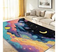 Alfombra de salón antideslizante, 120 x 180 cm, color azul y amarillo, lavable para dormitorio, pequeño pájaro amarillo, nubes y planetas, alfombra de cama de pelo corto, alfombra de zona, pájaro