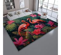 Alfombra de Salón Antideslizante Lavable 120 x 170cm - Pelo Corto Suave con Pintura Al Óleo Selva Flamenco Flores Motivo Estampado Alfombra Rectangular para Dormitorio Pasillo y Entrada, Verde Oscuro