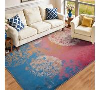 Alfombra de salón azul y rojo - Bohemia lavable de poliéster - Alfombra estampada de pelo corto - Vintage Bohemia Anillos Mandalas - Alfombra suave antideslizante 140 x 200 cm para habitación infantil