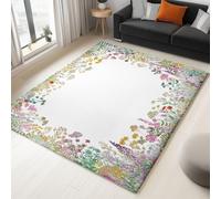 Alfombra de salón Blanco160 x 230 cm, Sencillo Minimalista Plantas Flores Lavable a máquina Antideslizante de Pelo Corto fácil de cuidar para salón Comedor hogar y Oficina.