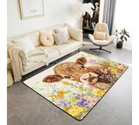 Alfombra de salón de ganado occidental de 150 x 200 cm, coloridas flores paisajísticas margaritas, alfombra para dormitorio para niños y niñas, rústica, vintage, vida silvestre y plantas, decoración
