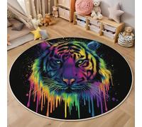 Alfombra de Salón de Pelo Corto, 120cm Alfombra de Área Redonda Cabeza Tigre Tapetes Arte Abstracto Salpicaduras Tinta Antideslizantes para Sofá, Mesa de Café, Habitación Infantil, Verde Fluorescente