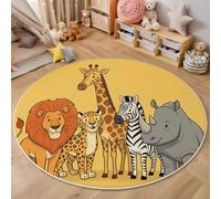 Alfombra de Salón de Pelo Corto, 120cm Alfombra de Área Redonda León Y Rinoceronte Tapetes Animales Salvajes De Dibujos Animados Antideslizantes para Sofá, Mesa de Café, Habitación Infantil, Dorado