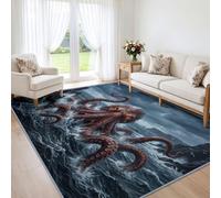 Alfombra de salón de pulpo gigante, olas, 140 x 200 cm, para dormitorio | Kraken - Monstruo marino Adolescentes, alfombra lavable de lana sintética, antideslizante, pelo corto, descenso de cama