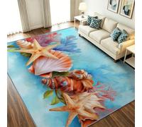 Alfombra de salón lavable a máquina, 120 x 170 cm, diseño mediterráneo, alfombra antideslizante de pelo corto, océano estrella mar coral vegetal, alfombra de suelo de pelo ancho para dormitorio y