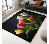 Alfombra de salón lavable a máquina, alfombra de pelo corto floral botánico tulipán para dormitorio y sala de estar, cocina, lavable, parte inferior suave, antideslizante, duradera, felpudo, negro