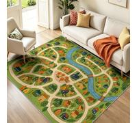 Alfombra de salón lavable nórdica, alfombra antideslizante de dibujos animados ciudad, mapa para entrada, noche, pasillo y corredor, color verde franela, antideslizante, alfombra, 120 x 170 cm