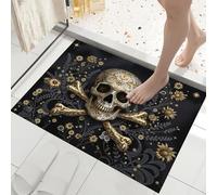 Alfombra De Salón, Oro Negro, 50X80Cm, Calavera Lujosa Huesos Cruzados Plantas Barrocas, Antideslizante Lavable Felpudo De Entrada, Alfombra Pequeña De Pelo Corto Para Dormitorio Cocina Interior