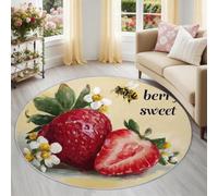 Alfombra de salón pastoral hecha a mano con estampado redondo antideslizante, color rojo, crema fresa, abeja, flores, antideslizante, lavable, alfombra de suelo grande para dormitorio, sala de estar