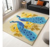 Alfombra De Salón Pintura Al Óleo Pavo Real Azul Flores Amarillas 160 x 230 cm Pelo Corto Antideslizante Lavables Alfombrilla, Amarillo Habitación Dormitorio De Cocina Alfombra De Entrada