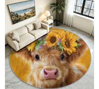 Alfombra de salón redonda amarilla de 120 cm, granja rústica, lavable a máquina y antideslizante, alfombra extragrande, alfombra animal de vaca escocesa, girasol para dormitorio, comedor, sala de