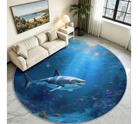 Alfombra de salón redonda azul 100 cm, dibujos animados, lavable a máquina y antideslizante, alfombra extragrande, alfombra 3D animales marinos tiburón peces tropicales para, comedor, sala de juegos