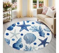 Alfombra de salón redonda de pelo corto, mediterránea marina, alfombra de suelo decorativa suave, azul blanco estrella de mar, conchas algas lavable y antideslizante para sala de estar, dormitorio