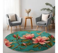 Alfombra De Salón Redonda Patrón Arabesco Flor De Magnolia Pájaro 100 cm Pelo Corto Antideslizante Lavables Alfombrilla Redonda, Verde Azulado Habitación Dormitorio De Cocina Alfombra De Entrada