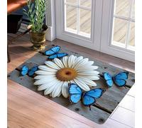 Alfombra de Suelo 3D con patrón de Margaritas y Mariposas Azules, Tela de poliéster, Lavable a máquina, Adecuada para baño/entrada-60x90cm