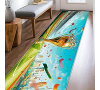 Alfombra de trofeo, diseño de confeti deportivo, celebración, paisaje urbano, dorado, pelo bajo, rectangular, ribete de borde, para cocina, entrada, lavandería, pasillo, decoración de 2 x 8 pies