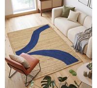 Alfombra de yute de alta calidad de 5 x 8 pies, alfombra de yute de fibra natural de 0.28 pulgadas de grosor, hecha a mano con patrón abstracto azul para sala de estar, dormitorio, suelo decorativo