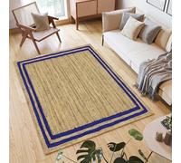 Alfombra de yute de alta calidad de 5 x 8 pies, alfombra de yute de fibra natural gruesa de 0.27 pulgadas, hecha a mano, color azul sólido y beige, alfombras para sala de estar, comedor, decoración