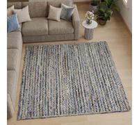 Alfombra de yute natural trenzada a mano de 5 x 5 pulgadas, rústica, vintage, trenzada, gruesa, 0.27 pulgadas, patrón geométrico de rayas azules chindi, alfombras cuadradas para habitación de los