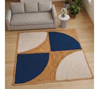 Alfombra de yute para sala de estar, 5 x 5 pies, alfombra bohemia trenzada a mano gruesa de 0.28 pulgadas, patrón geométrico moderno, alfombra cuadrada para dormitorio, comedor, decoración del hogar