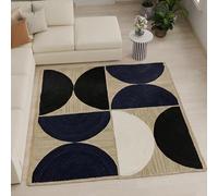 Alfombra de yute para sala de estar de 5 x 5 pies, alfombra bohemia trenzada a mano gruesa de 0.27 pulgadas, geométrica, media luna, azul oscuro y blanco, alfombras cuadradas para decoración del hogar