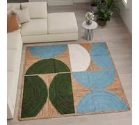 Alfombra de yute para sala de estar de 5 x 5 pies, alfombra bohemia trenzada a mano gruesa de 0.27 pulgadas, geométrica de media luna, azul cielo y blanco, alfombras cuadradas para decoración del