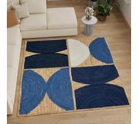 Alfombra de yute para sala de estar, de 5 x 5 pulgadas, trenzada a mano, de 0.25 pulgadas, geométrica de media luna azul, cuadrada, para decoración del hogar, habitación de los niños, zona de comedor