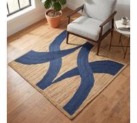 Alfombra de yute trenzada a mano de 5 x 5 kilim de grosor de 0.27 pulgadas, patrón abstracto azul, alfombra cuadrada para dormitorio, habitación de los niños, comedor, diseño de granja, alfombra