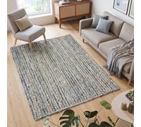 Alfombra de yute trenzada a mano de 5 x 7 kilim de grosor de 0.27 pulgadas, patrón geométrico de rayas azules chindi para sala de estar, dormitorio, comedor, decoración del hogar, alfombra interior y