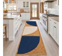 Alfombra de yute trenzada hecha a mano de 0,8 x 5,5 m, alfombra rústica natural trenzada de 0,7 cm de grosor, color azul, moderna, con patrón geométrico para pasillo, cocina, lavandería, alfombra de