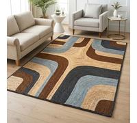 Alfombra de yute trenzada hecha a mano de 5 x 10 pies, alfombra trenzada natural rústica de 0.27 pulgadas de grosor con patrón geométrico azul abstracto para pasillo, cocina, mesita de noche, alfombra