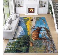 Alfombra decorativa de animales de la naturaleza para niños y niñas, habitación de juegos, río bosque, ciervos, alfombra decorativa 60 x 90 cm, lavable a máquina, suave, antideslizante, alfombra de