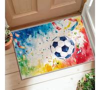 Alfombra deportiva para área de pelota de fútbol, con cintas de colores, color azul deportivo, de pelo bajo, con ribete de borde para baño, entrada, cocina, decoración de mesita de noche, 2 x 3 pies