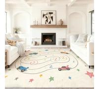 Alfombra Dibujos Animados Coches Estrellas Líneas Pelo Corto Antideslizante Alfombra Crema Fácil de Limpiar Alfombras para Habitacion Comedor Dormitorio Cocina, 80 x 150 cm