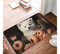 Alfombra Ducha Un Perro Blancos Se Sienta Junto A Una Flor., Suave Alfombrilla De Ducha Atrapar Suciedad Alfombra Interior De Bienvenida 40X60Cm para Exterior Oficina Puerta