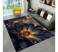 Alfombra Efecto 3D Flor Luminosa Negro y Oro, Antideslizante Lavable para Salón, Suave y Esponjoso Revestimiento de Suelo para Dormitorio Comedor, Decoración Floral Moderna, 160x200 cm, Color 5