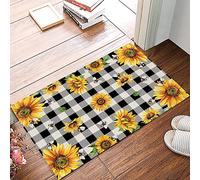 Alfombra Entrada Black and White Buffalo Plaid Sunflower Flower Bee AlfombraAntideslizante Antideslizante Alfombrade Baño Lavable Alfombras Limpia Zapatos para Pasillo Cocina Interior 40x60cm