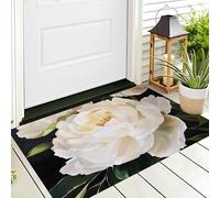 Alfombra Entrada Blanco Y Negro Hojas Verdes De Peonía Alfombras Limpia Zapatos Plantas Elegantes Baño Alfombrilla Antideslizante para Patio Cocina Trasera Interiores Y Exteriores,80X120Cm