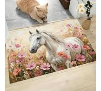 Alfombra Entrada Casa, 90x150cm Felpudo Exterior e Interior Elegante Caballo Blanco Antideslizante Alfombrilla Pintura Al Óleo Un Mar Flores Fácil de Limpiar para Entrada, Cocina, Pasillo, Beige