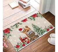 Alfombra Entrada Christmas Cat Xmas Tree Snowflake Poinsettia Rustic Alfombra De Baño Lavable Alfombrilla Antideslizante Moderno Alfombras Limpia Zapatos para Interior Patio Cocina 40X60CM
