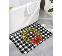 Alfombra Entrada Christmas Joy Wreath Bow Pine Branches Star Ball Black White Buffalo Check Alfombras Limpia Zapatos Lavable Alfombra De Baño Absorbente Alfombrilla Antideslizante para 40X60CM