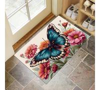 Alfombra Entrada Flores Mariposas 45 x 75 cm, Representación Realista De Animales Naturales Alfombra Interior De Bienvenida Suave Felpudo Entrada Casa Para Cocina Dormitorio Decorativa, Azul Real