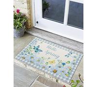 Alfombra Entrada Hello Spring Blue Flower Butterfly Dragonfly Blue Plaid AlfombraAntideslizante Absorbente Lavable Alfombrade Baño para Cocina Interior Pasillo 40x60cm