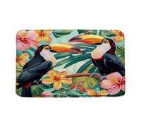 Alfombra Entrada Hojas De Palma Verde Tropical, Rosa, Loro, Amarilla, Hibisco, Pájaro, Verano, Naturaleza, Bohemio Alfombrilla Antideslizante Lavable Alfombra De Baño para 40X60CM