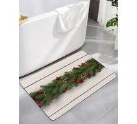 Alfombra Entrada Merry Christmas Green Pine Leaves Branch Berries Candy Canes Star Wooden Plank Alfombrilla Antideslizante Moderno Alfombra De Baño Lavable Alfombras Limpia Zapatos para 40X60CM