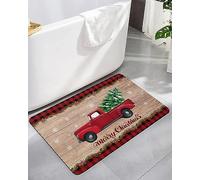 Alfombra Entrada Merry Christmas Truck and Tree Pine Branches Cones Retro Wooden Red Black Plaid Alfombras Limpia Zapatos Moderno Alfombra De Baño Alfombrilla Antideslizante para 40X60CM