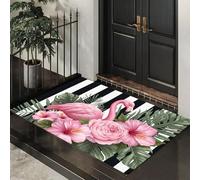 Alfombra Entrada Rosa Verde Flamencos De Hojas De Palma Alfombras Limpia Zapatos Ilustración En Acuarela Baño Alfombrilla Antideslizante Para Patio Cocina Trasera Interiores Y Exteriores,40X60Cm
