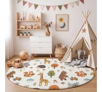 Alfombra Habitación Infantil Animales Del Bosque Dibujos Animados Redonda 120cm Alfombra de Pelo Corto Osos Pardos Y Koalas Antideslizante Lavables Tapete para Habitación de los Niños, Sala de Juegos